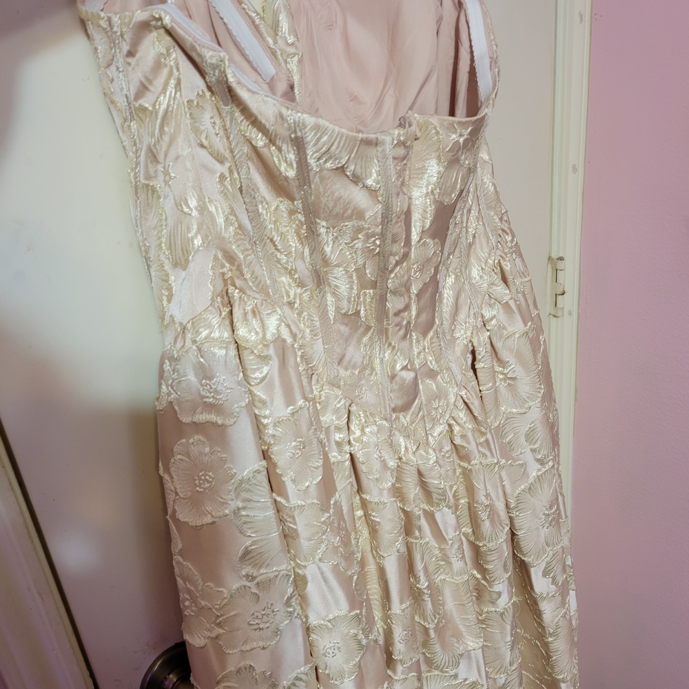 Azazie Strapless Floral Jacquard Midi Dress in Vintage Blush Champagne - Picture 5 of 8